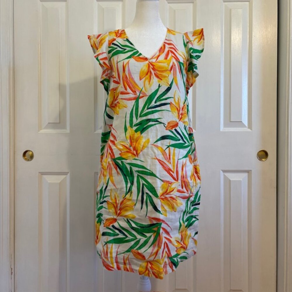NWT Nicole Miller 100% Linen Tropical Print Shift Dress w/Flutter Cap Sleeves XS